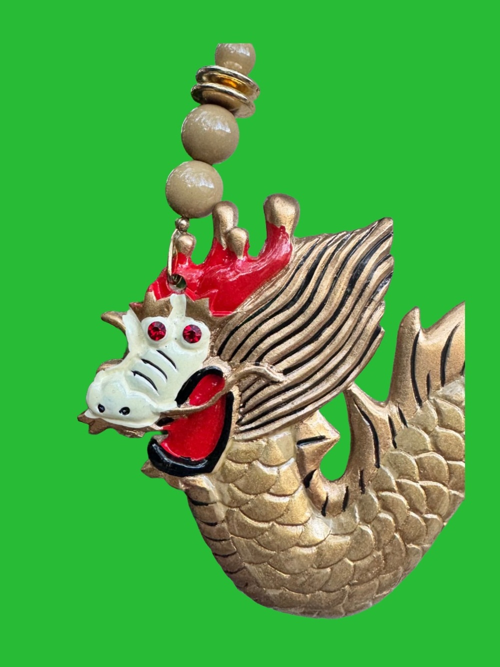 🐉 Bold Gold Tone Dragon Statement Necklace Beaded Red Rhinestone Eyes - Picture 8 of 10